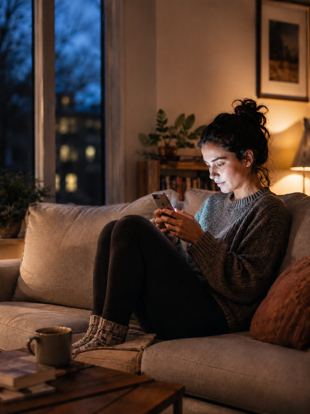Femme sur son sofa qui consulte son téléphone le soir